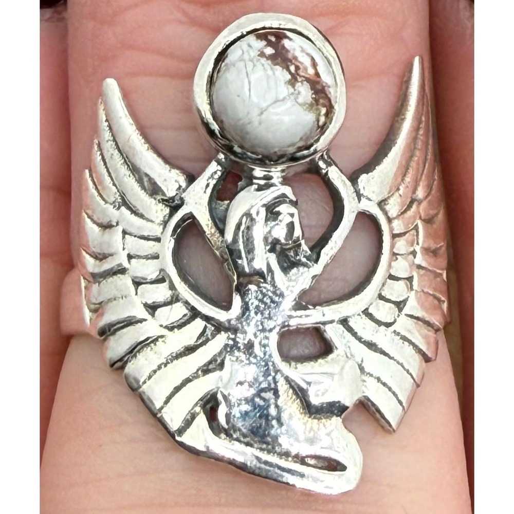 BOLD WINGED STATEMENT Sz 7ish White Buffalo Style Stone Sterling Ring marked 925
